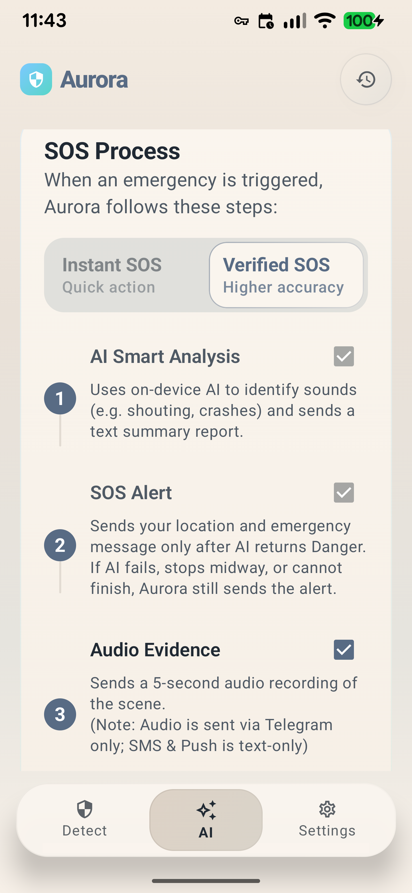 Aurora AI 畫面顯示 SOS 引導、音訊證據與模型分析詳情